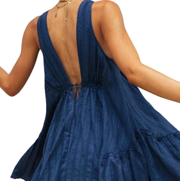 NWOT Deep V Tie Front/Back A-Line Baby Doll Mini Dress/Swim Cover, XL, Navy Blue - Picture 4 of 6